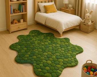 Green Pebble Hand Tufted Wool Rug, Irregular Moss Ball Carpet