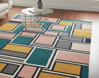 Hand Tufted Wool Area Rug, Modern Geometric Abstract Colorful Carpet, 5x8 ft