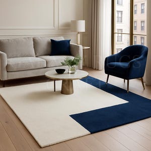 Modern Hand Tufted Wool Rug | Custom Geometric Rug for Living Room & Bedroom | Minimalist Designer Carpet | 6x9, 8x10 Feet Blue White Rugs