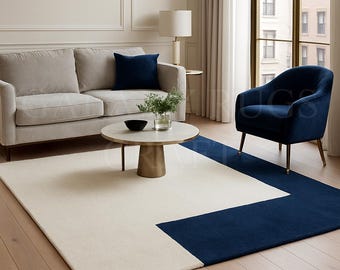 Hand Tufted Wool Rug | Modern Geometric Design, Blue & White
