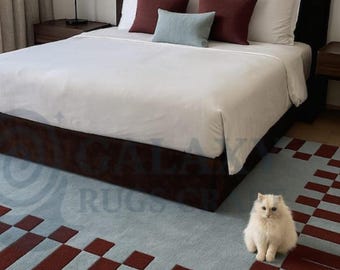 Hand-Tufted Wool Rug,Sky Blue Burgundy Checkered Neo Deco Decor border,Modern Geometric carpet Minimalist Blue and Brown Custom Luxury Rug
