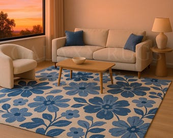 Blue Floral Hand Tufted Wool Rug | Botanical Handmade Carpet