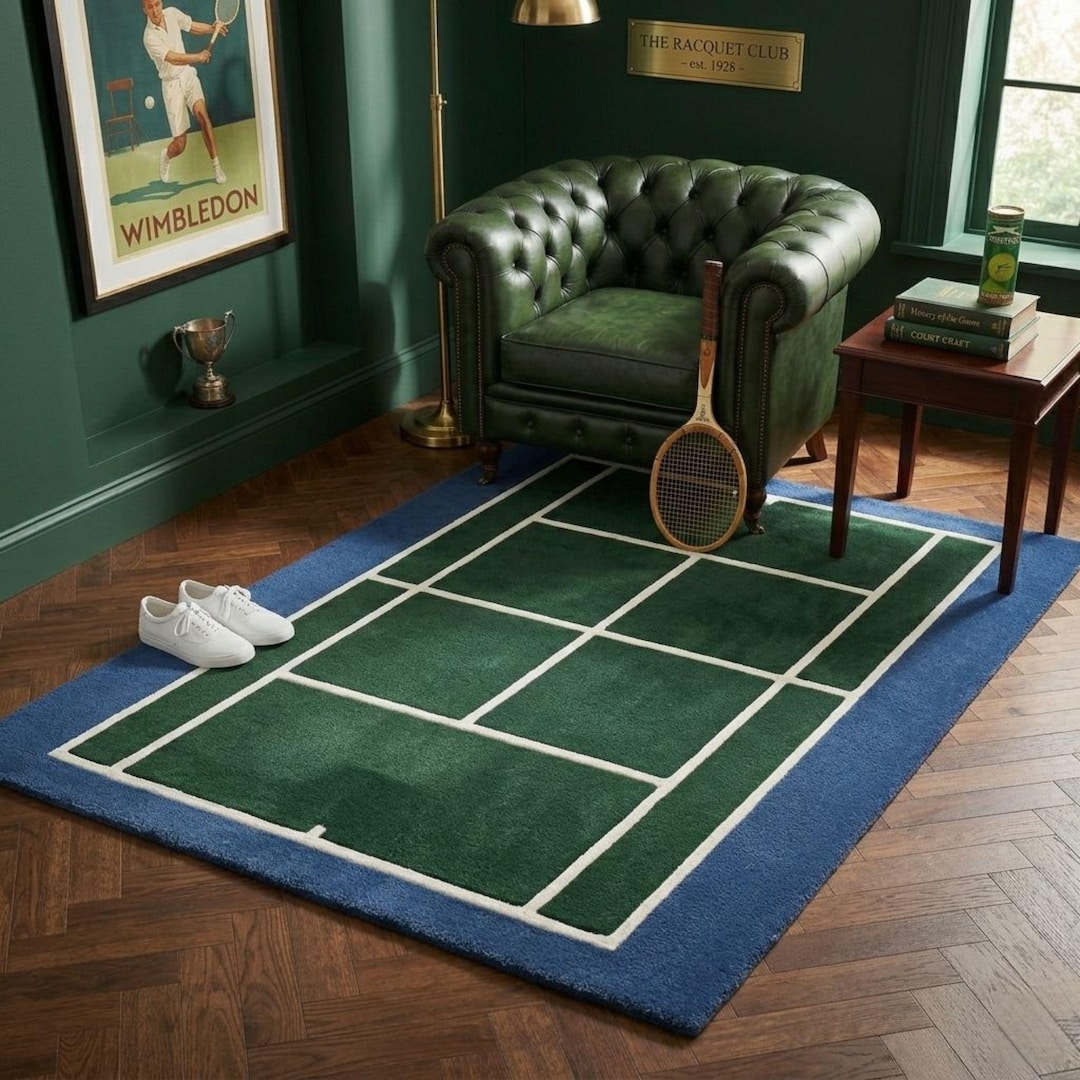 Tennis Coloured Rug Handmade Tennis Court Rug, Premium Wool Tufted Green Area Rug, Luxury ...