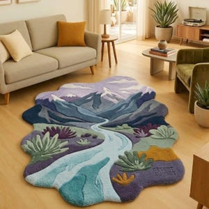 May include: An irregularly shaped area rug featuring a landscape design with a winding light blue river, dark blue mountains, and green and purple desert flora. The text "DESERT SUNSET" is embroidered in the lower right corner of the rug.