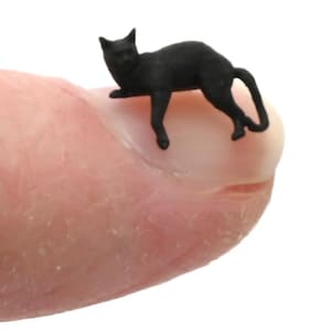 May include: A miniature black cat figurine, posed in a relaxed position. The small cat is resting on a fingertip, showcasing its tiny size and detailed features. The figurine's sleek, black color contrasts with the skin tone.