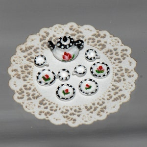 Dollhouse Miniature, Quarter Scale, Black & White Tea Set
