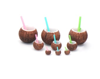 Kit de tasses de noix de coco Tiki avec pailles toutes écailles ~ NOUVEAU ! ~ Miniatures pour maison de poupée