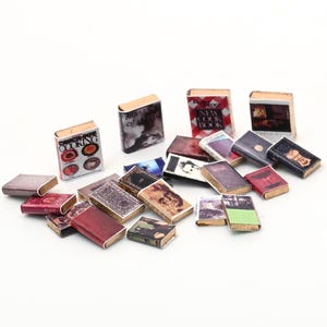 Puede incluir: Una colección de libros en miniatura con varias portadas, incluyendo títulos como "Cooking" y "New Cook Book". Los libros son de diferentes colores, como rojo, marrón y verde, y parecen estar hechos de papel y cartón.