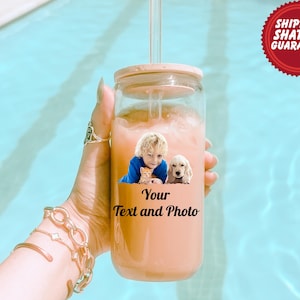 Custom Glass Cup, Personalized Iced Coffee Cup, Bamboo Lid And Straw, Custom Photo And Text Glass, Unique Gift, Frosted Or Clear Glass