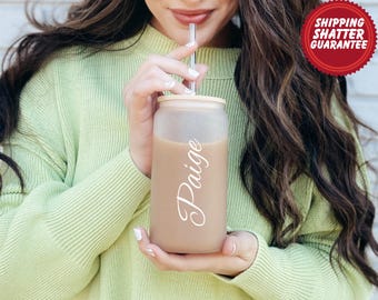 Personalized Iced Coffee Cup, Glass Can Soda Cup with Lid and Straw - Bridesmaid Gift Idea, Custom Proposal Gifts, Custom Name Glass Cup