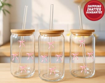 Pink Bow Cup, Coquette Bow Glass, Cute Bow Glass with Straw, Valentines Day Cup, Gift for Her, Cute Cup, Coquette Decor, Cute Gift Glass Cup