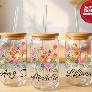 Personalisierte Blumenglas Eiskaffeetasse: Benutzerdefinierter Name Tumbler