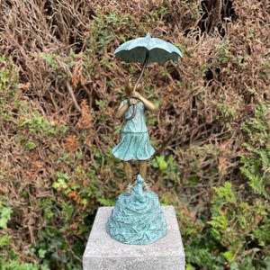 Bronze Girl with Umbrella Fountain: Garden Water Feature Sculpture