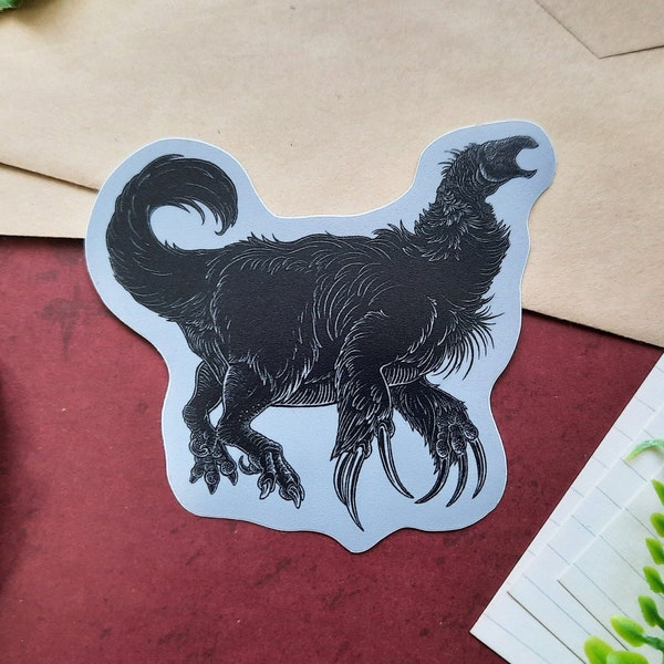 Therizinosaurus Feathered Dinosaur Sticker for Laptop, Vinyl Waterproof Sticker, Paleontology Sticker, Natural History, Monochrome Paleoart