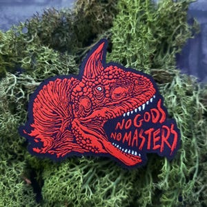 May include: Red embroidered patch featuring a dinosaur head and the text "NO GODS NO MASTERS" in white.