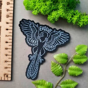May include: Black embroidered patch with a white outline of a bird in flight. The bird has the words "Evolve" and "Take Flight" written on it.