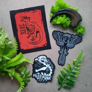 May include: Three iron-on patches featuring dinosaur and bird designs. The first patch is red with black text that reads "Fuck Around and Find Out" and a black silhouette of a dinosaur. The second patch is black with white text that reads "Evolve Take Flight" and a white silhouette of a bird. The third patch is black with white text that reads "Paleo Punk" and a white silhouette of a dinosaur head.