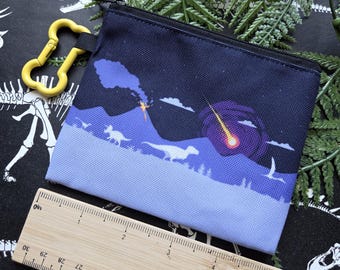 Extinction Horizon, Dinosaur Zipper Pouch with Bone Carabiner, Cretaceous Paleogene Landscape, KT Meteor, Paleontology Gifts