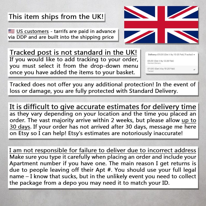 May include: Text on a white background with information about shipping from the UK, including details on tariffs for US customers and tracking options. The text also provides delivery time estimates and address accuracy.