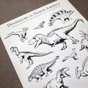 Dinosaurs of North America Small Art Print, Paleoart, Natural History Illustration, Paleontology Gifts, Dinosaurs for Adults