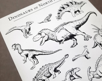 Dinosaurs of North America Small Art Print, Paleoart, Natural History Illustration, Paleontology Gifts, Dinosaurs for Adults