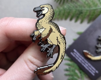 Velociraptor Enamel Pin, Feathered Dinosaur Pin Badge, Dinosaur Gift for Adults, Palaeontology Pins, Realistic Dinosaur, Raptor Paleoart