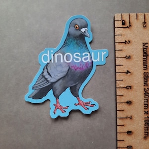 以下が含まれることがあります： 青い灰色鳩のステッカー。青い背景に白い文字で「dinosaur」と書いてあります。鳩は右を向いており、目の周りに白い輪があります。