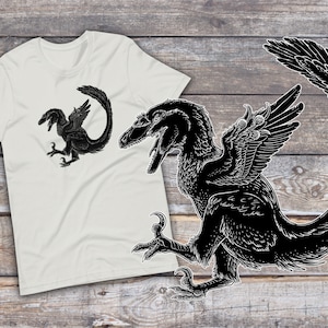 Deinonychus Feathered Dinosaur TShirt for Adults, Paleontology Shirt, Natural History Paleoart, Dinosaur Clothing, Gifts for Paleontologists