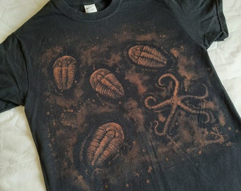 Trilobite Shirt,  Hand Painted Bleach Shirt, Paleontology Gifts, Devonian Fossil Shirt, Cambrian Fossils, Natural History Gifts for Adults