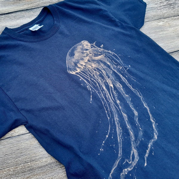 Jellyfish Tshirt, Hand Painted Bleach Shirt, Ocean Animal Shirt, Sealife Gifts, Marine Biology Gifts, Vintage Natural History