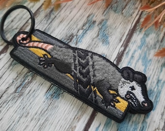 Opossum Embroidered Keyring, Fabric Bag Charm, Opossum Keychain, Possum Roadkill, Funny Opossum, Furry Opossum Run Over by a Car