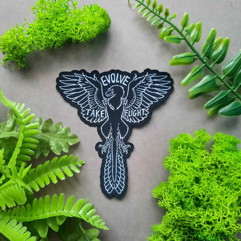 May include: Black embroidered patch with a white outline of a bird with outstretched wings. The text "EVOLVE TAKE FLIGHT" is written around the bird.