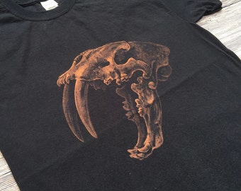 Smilodon Skull TShirt, Hand Painted Tshirt, Saber Tooth Tiger Shirt, Pleistocene Fossil Shirt, Dark Academia Clothing, Halloween Shirt