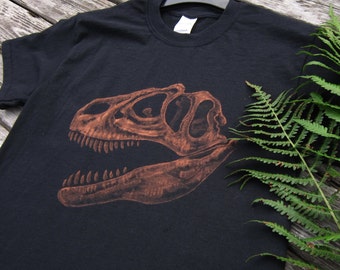 Allosaurus Skull Jurassic Dinosaur TShirt, Hand Painted Bleach Shirt, Dinosaur Clothing for Adults, Paleontology Gifts, Dinosaur Fossil