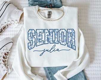 Custom Senior 2026 Chinoiserie Sweatshirt,Floral Senior 2026 Gift,Personalized Class of 2026 Blue Bow Coquette Sweatshirt,Toile De Jouy Grad