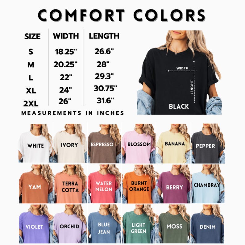 Puede incluir: Una carta de colores de camisetas Comfort Colors que muestra veinticuatro variantes, incluyendo blanco, marfil, espresso, flor, pl&aacute;tano, pimienta, &ntilde;ame, terracota, sand&iacute;a, naranja quemado, baya, chambray, violeta, orqu&iacute;dea, blue jean, verde claro, musgo y denim.