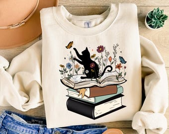 Floral Book Sweatshirt,Cat with Books Sweatshirt,Trendy Book Worm Gift,Bookish Shirt,Retro Reading Teacher,Librarian Gift,Cottagecore Reader