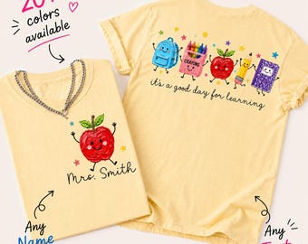 Camiseta personalizada para profesores, camiseta con nombre personalizado de Apple, camiseta "Es un buen día para aprender", camiseta de regreso a clases, regalo de agradecimiento para profesores