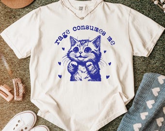 Comfort Colors Rage Consumes Me T-Shirt,Cute Cat Mental Health T-Shirt,Funny Sarcastic Kitten Meme Tee,Cottagecore Cat Mom T Shirt,Cat Lover