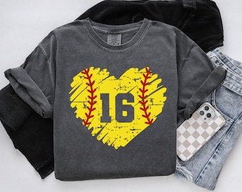 Comfort Color Custom Softball Number Heart TShirt,My heart is on that Field,Game Day Shirt,Custom School Mascot Number,Personalized Softball