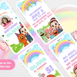 May include: A collection of digital birthday invitations displayed on smartphones. The invitations feature colorful designs with cartoon characters, rainbows, and the text "Happy Birthday Olivia!" and "Olivia is turning 5!" The invitations also include the date, time, and location of the party.