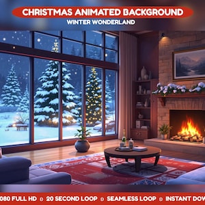 May include: An animated Christmas background with a winter wonderland scene. The image shows a cozy living room with a fireplace, a large window overlooking a snowy forest, and a round coffee table. The text at the top says "CHRISTMAS ANIMATED BACKGROUND" and "WINTER WONDERLAND".