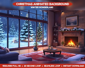 Animated Background Winter Wonderland: Christmas, Snowfall, Cozy Fireplace, Streaming Background, Vtuber (MP4 Digital Download)