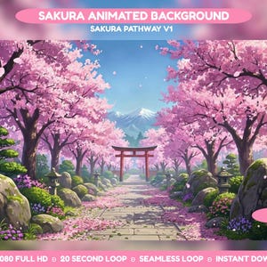 May include: A digital animated background titled SAKURA ANIMATED BACKGROUND SAKURA PATHWAY V1 WITH FOG. The scene features a stone path lined with blooming pink cherry blossom trees, a red torii gate, mossy rocks, and distant snow-capped mountains.