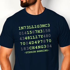 Könnte beinhalten: Marineblaues T-Shirt mit einer Reihe von grünen und grauen Zahlen und Buchstaben. Der Text scheint ein Code oder eine mathematische Gleichung zu sein. Das T-Shirt hat kurze Ärmel und einen Rundhalsausschnitt.