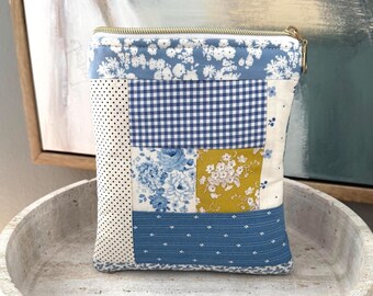 Patchwork Reader Sleeve | Kindle Sleeve | E-Reader Case | Handmade Book Sleeve | Blue Floral Gingham Pouch | Vintage Fabric Cover