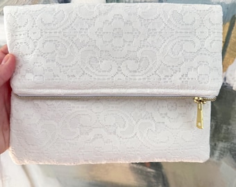 Fold Over Clutch | Repurposed vintage lace clutch | Handmade Zipper Pouch | One of a Kind Evening Bag | Floral Wristlet Alternative