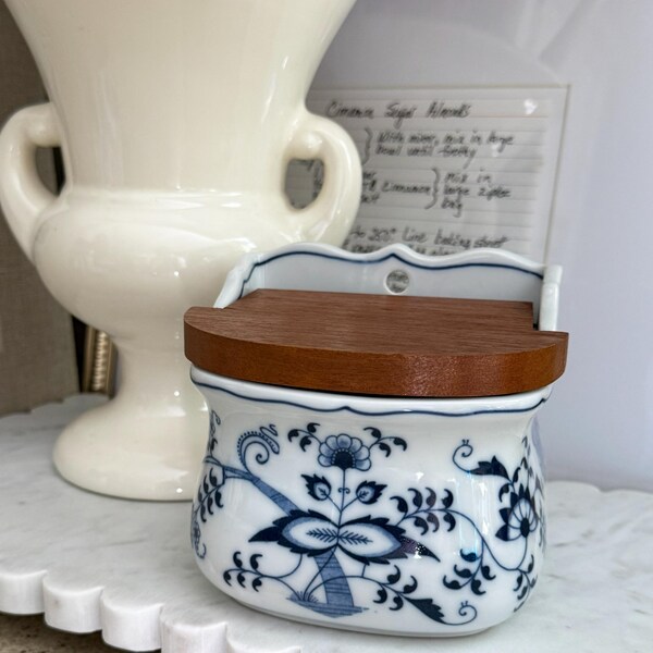 Vintage Blue Danube Salt Box with Wooden Lid, Wall Mountable Ceramic Kitchen Storage