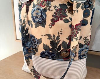 Vintage Floral Tote Bag | Handmade Everyday Tote | Taupe Stripe Shoulder Bag | Repurposed Fabric Bag | One of a Kind Tote