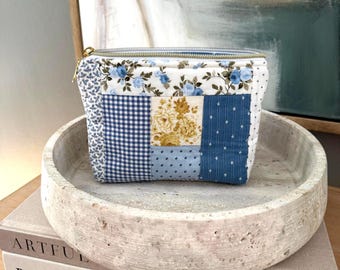 Blue Patchwork Everyday Pouch | Handmade Zipper Pouch | Vintage Fabric Organizer | Floral Gingham Cosmetic Bag | Small Project Pouch